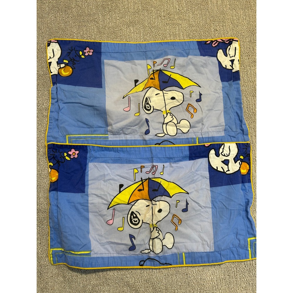 Vintage‎ Peanuts Snoopy Umbrella Pillowcase Set Blue Yellow White Kids Bedding
